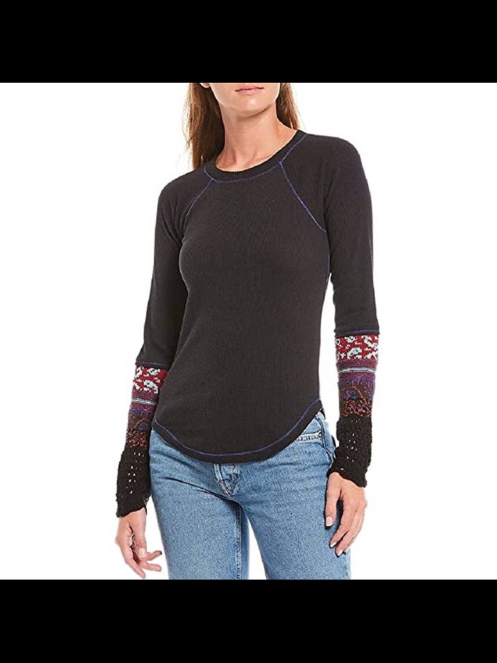 Free People Black Long-Sleeve Thermal Top with Patterned Sleeve Panels